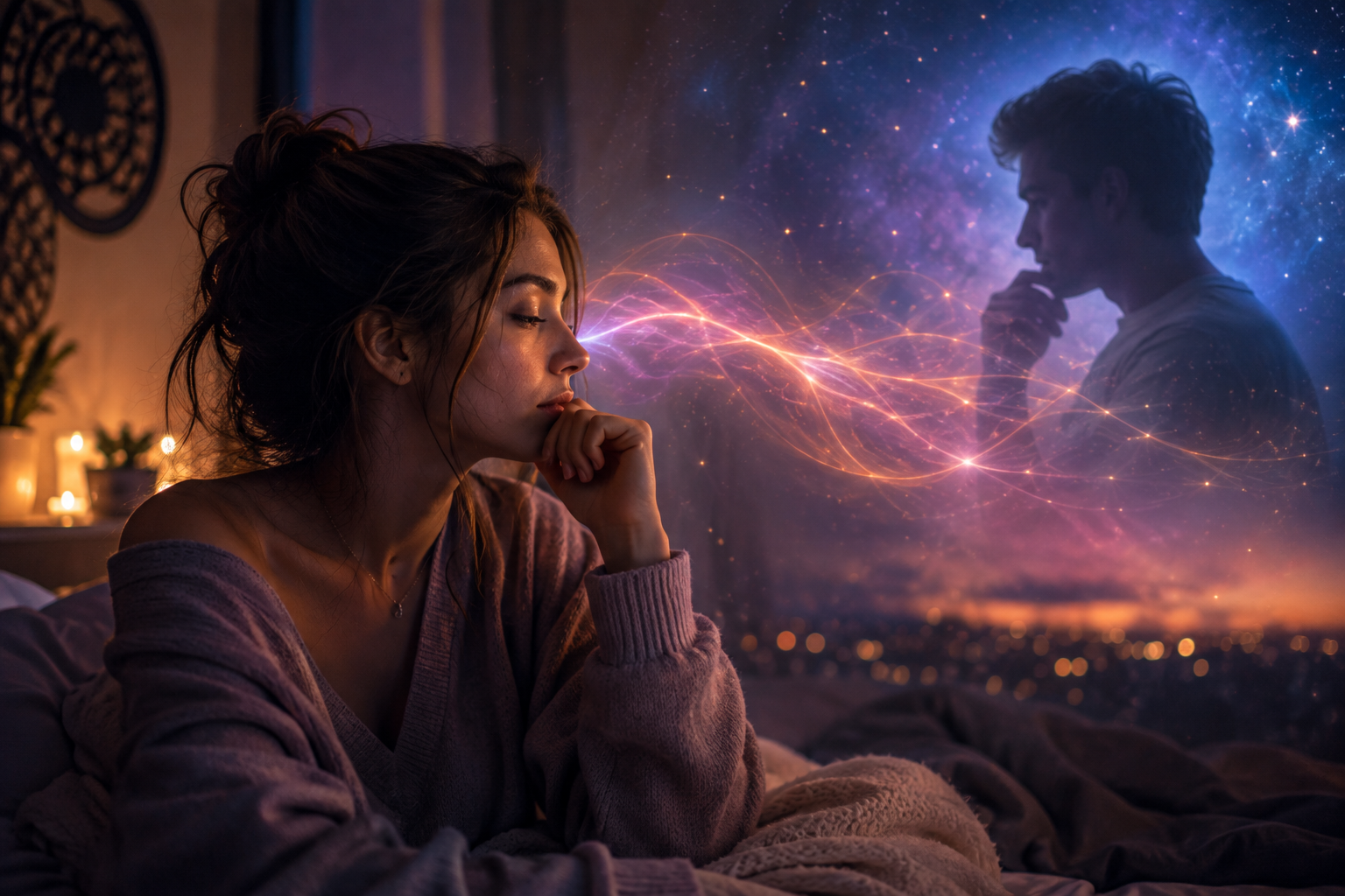 Woman experiencing a quiet intuitive moment while sensing an emotional and energetic connection with someone.