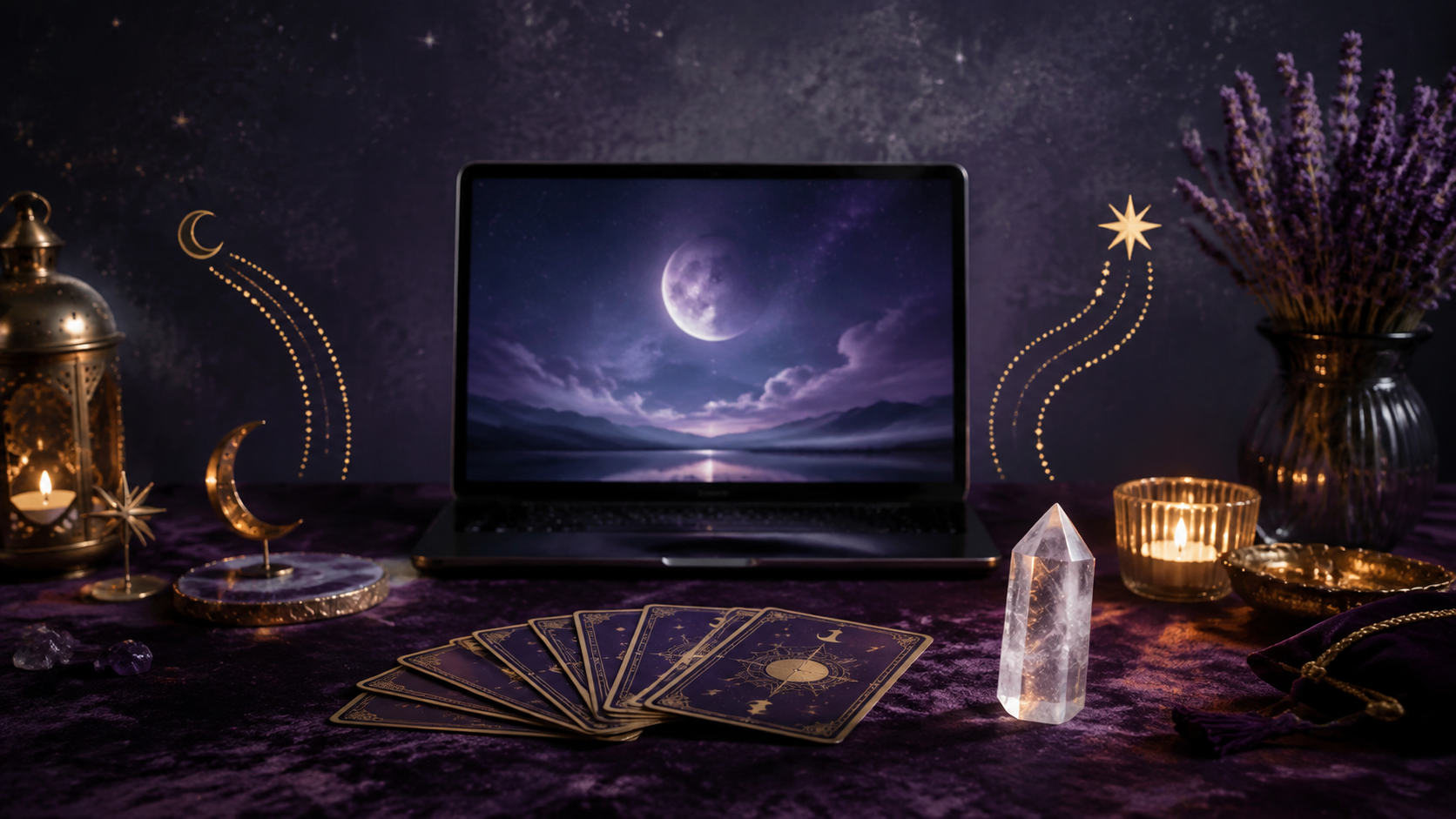 Laptop, tarot cards, crystal, and moonlit decor representing the choice of an online psychic advisor Optional caption: A thoughtful choice begins with finding an advisor whose experience, communication style, and energy feel right for you.