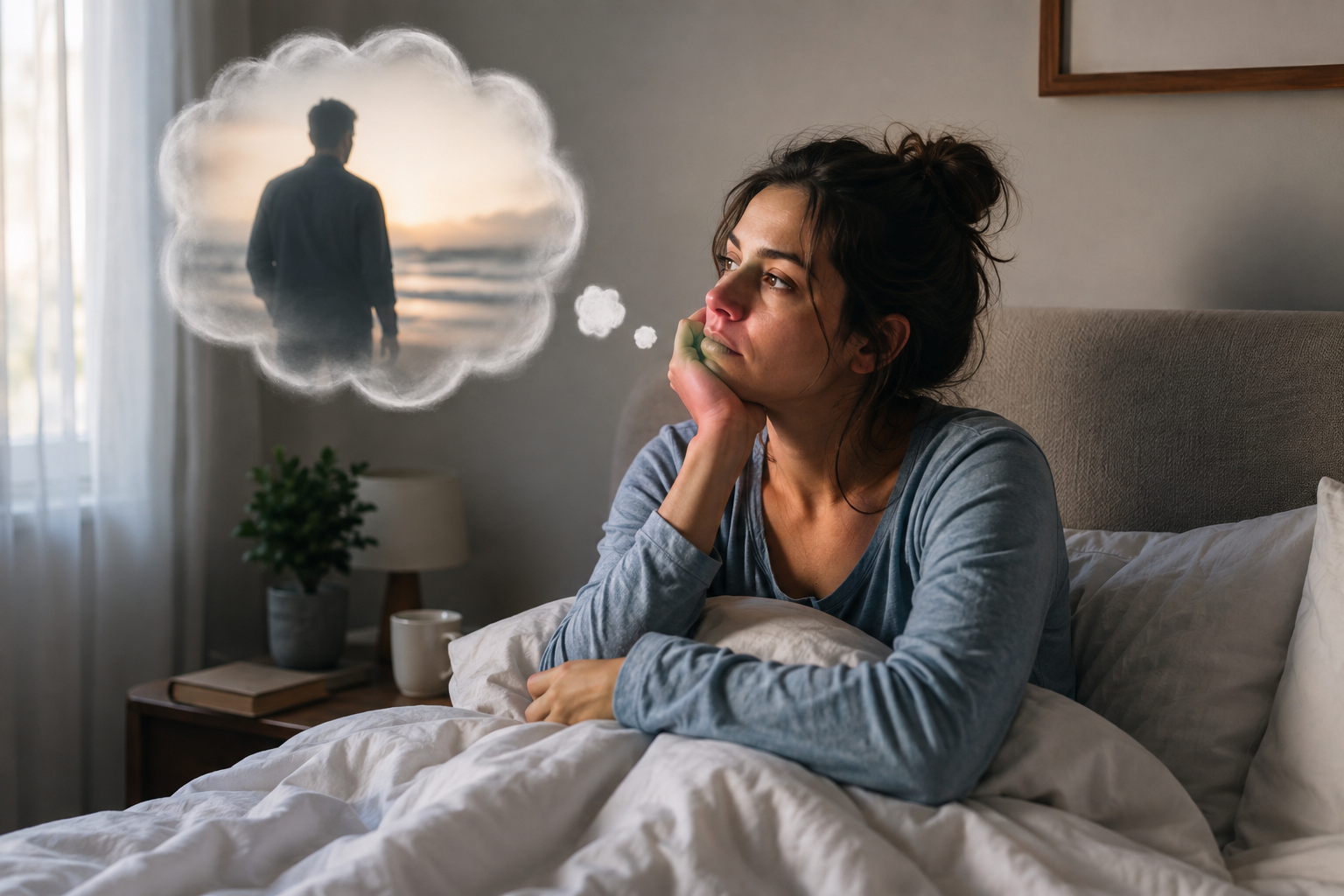 Person awake in bed after repeatedly dreaming about the same person