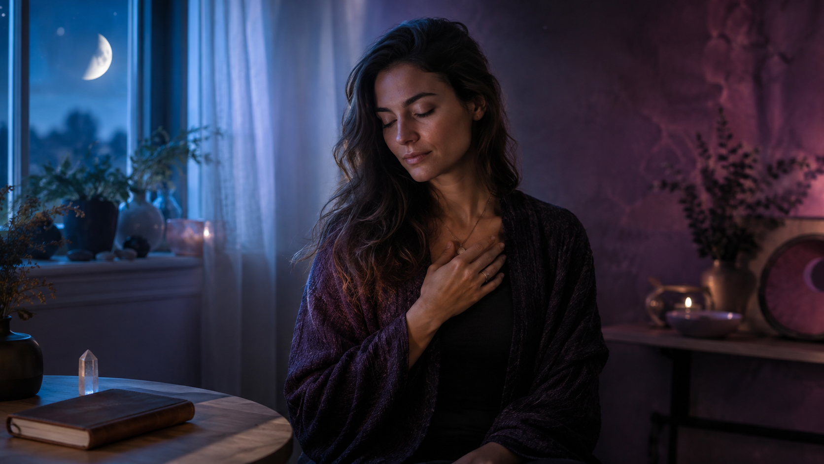 Peaceful woman reflecting beneath contrasting calm blue and anxious purple light representing intuition versus anxiety